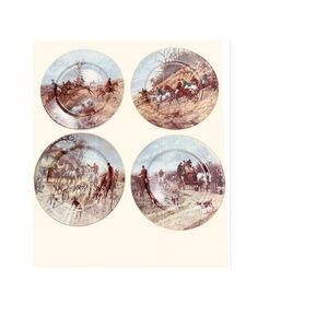Vintage Italian Hunting Scene Dinner Porcelain Plate Set by Henriette - New!